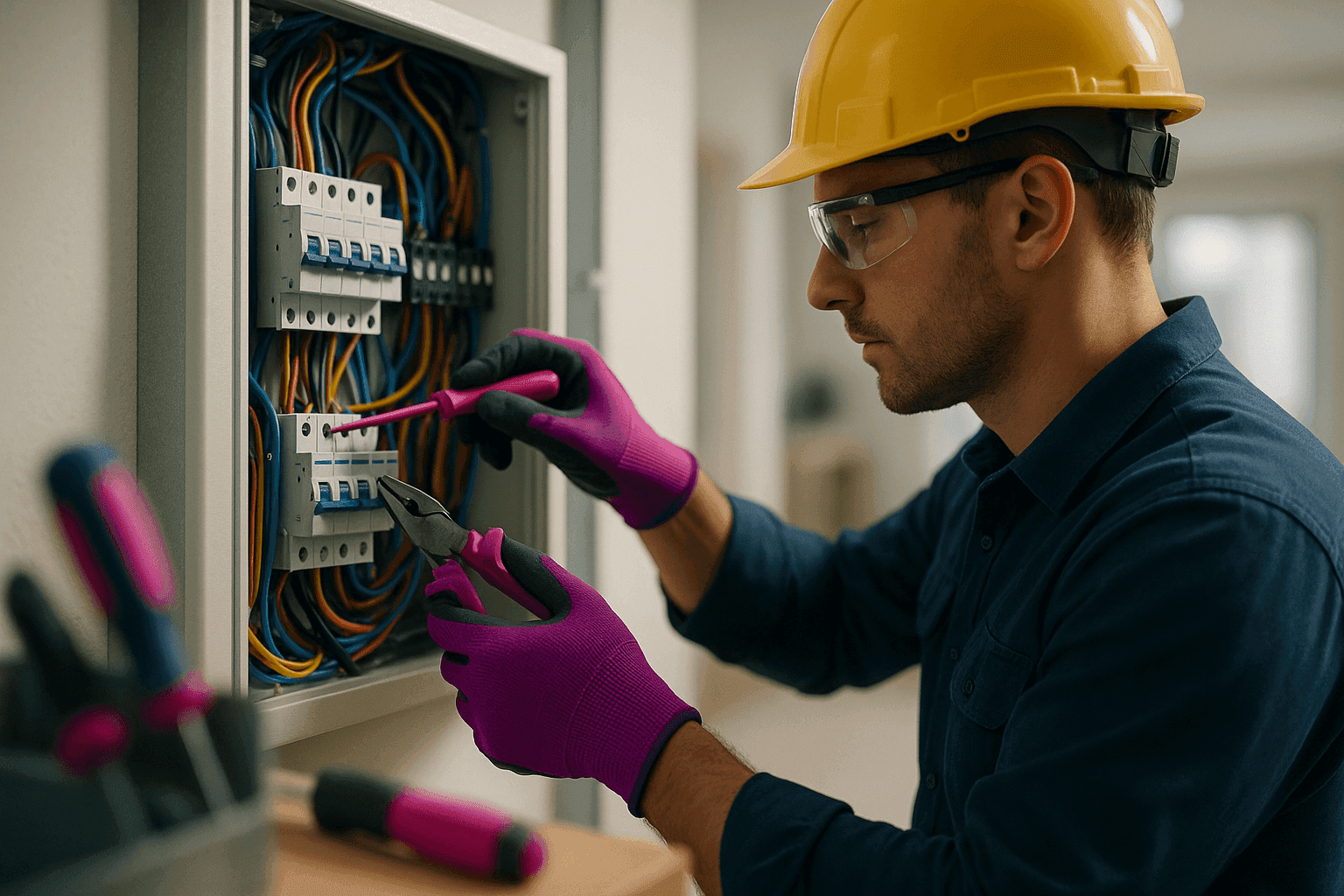 Electrician wearing safety gear working on wiring inside an organized electrical panel in Washington
