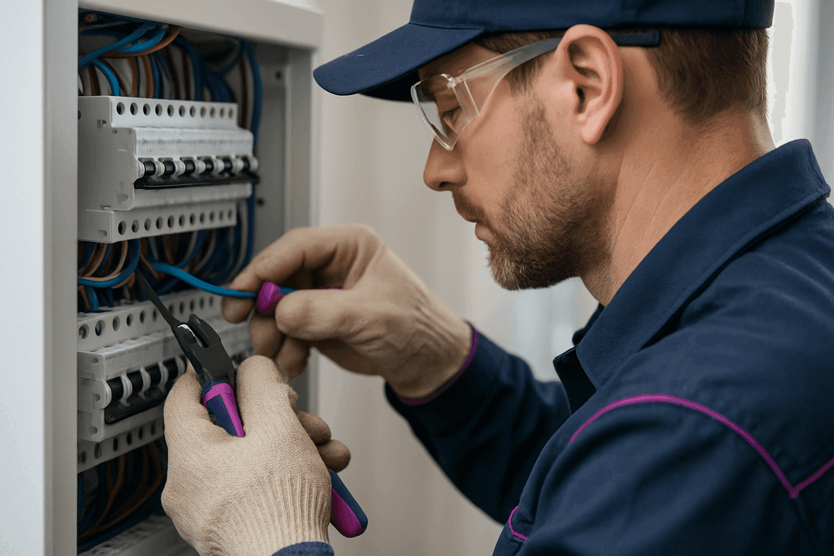 Close-up of electrician’s gloved hands connecting wires in a modern electrical panel in Washington